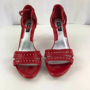 WHBM Jenevieve red leather strappy embellished sandal heels SZ 9